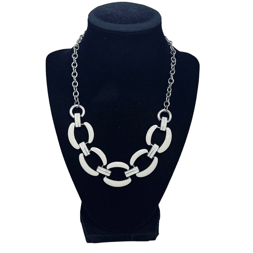 Silver Tone With White Enamel Bib Necklace (5470)